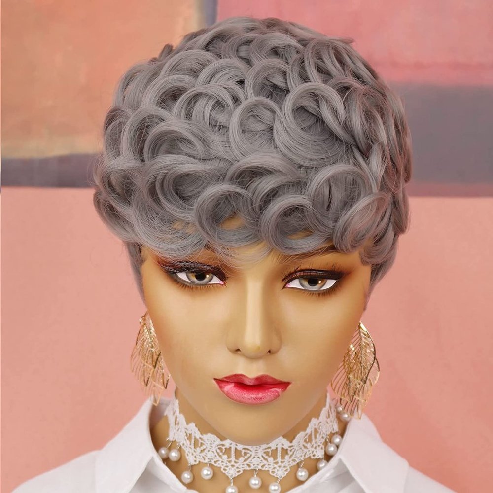 Natural Layered Soft Curly Pixie Cut Wig w/ Bangs Grey